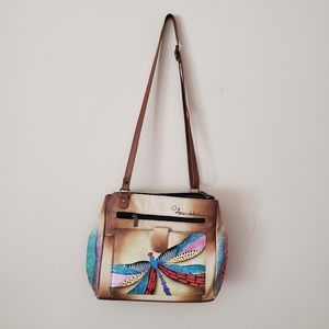 Anuschka Hand Painted Leather Shoulder Handbag Dragonfly Design